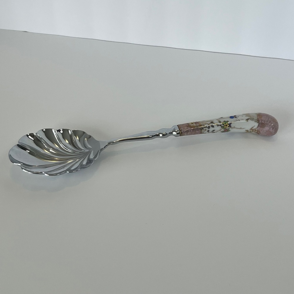 A E Lewis Co Shell Serving‎ Spoon Porcelain Floral Handle Silver Tone Vintage